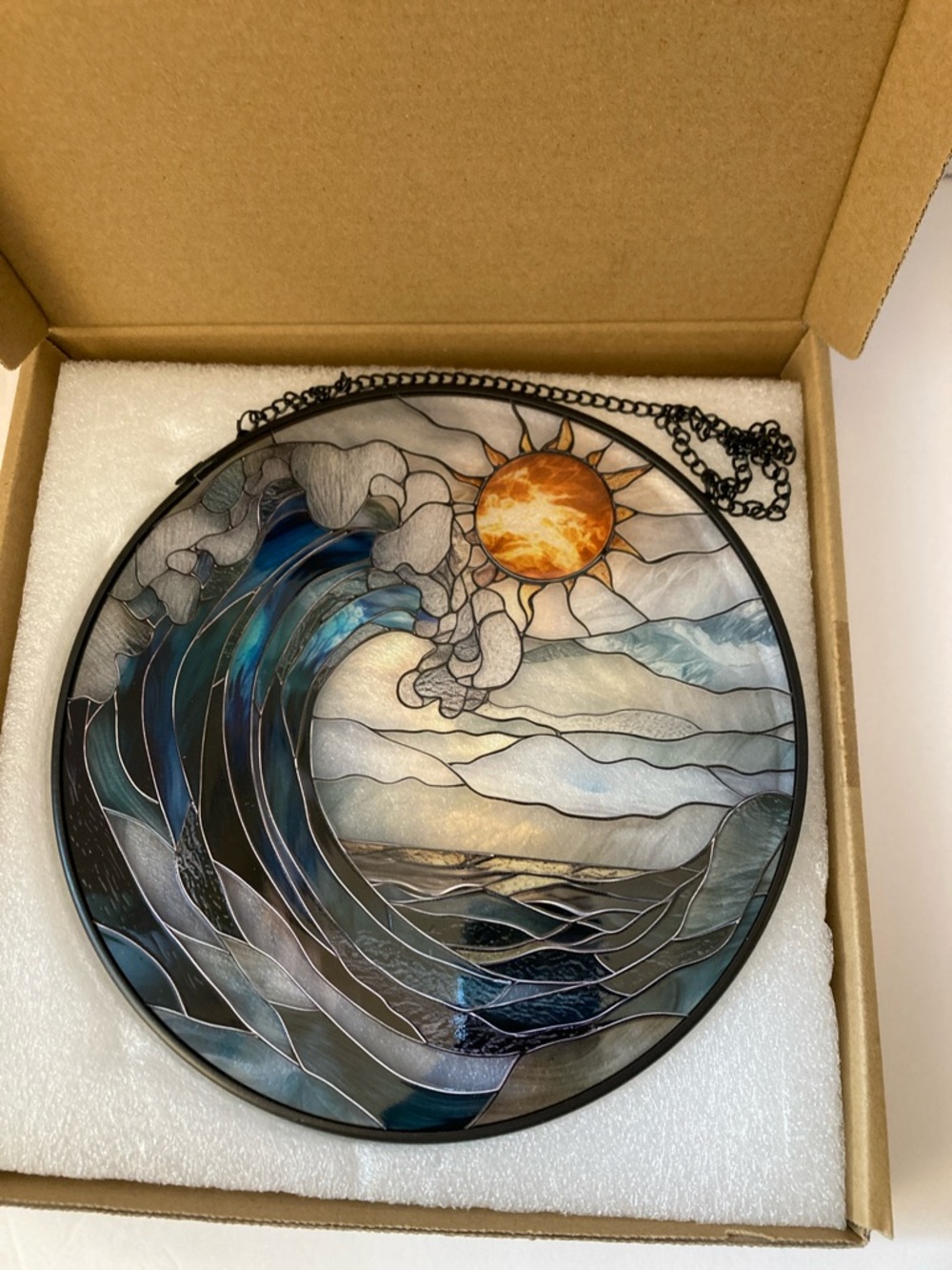 Stained Glass Ocean Wave Suncatcher - Blue and Orange NWB